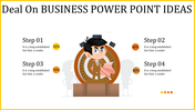 Business slide featuring a character in a suit standing on a podium, with steps indicating progress at various percentages.