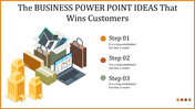 Business slide with isometric shopping bags, laptops, and delivery boxes, and three step text section on the right.