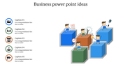 Five colorful cubes with small characters engaging in tasks, matched with icons and captions about business ideas.