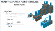 Analytics slide showcasing industrial buildings and two progress bars highlighting techniques with corresponding percentages.