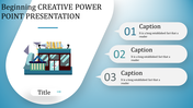 Creative PowerPoint slide featuring a shopping mall illustration and three numbered captions on a gradient blue background.