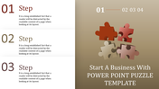 Puzzle pieces form part of a business template with numbered steps to illustrate a PowerPoint presentation.