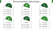 Slide with six white cards topped by green semicircles, each showcasing an icon and description.