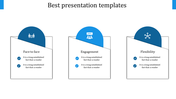Grid layout of three white cards with overlapping blue circular headers, featuring icons and placeholder text areas.