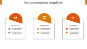 Slide design infographic with three white cards arranged in a row, each featuring an orange circular top section.