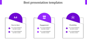Infographic with three sections, each with a purple semicircle icon header and text descriptions on a white background.