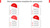 Grid layout of four white cards with overlapping red circular headers, featuring icons and placeholder text areas.