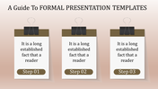 Formal presentation slide with three numbered steps, each accompanied by a text box and paperclip design.