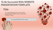 Website presentation slide featuring a hand interacting with a slider and a light bulb design made of interconnected circles.