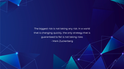 Dark blue background with abstract geometric shapes and a centered text quote.