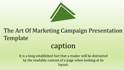 Slide displaying a marketing campaign presentation title with a green triangle icon and minimalist design.