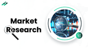Market Research slides with green theme, magnifying glass image, charts, icons, diagrams, and structured analysis sections.