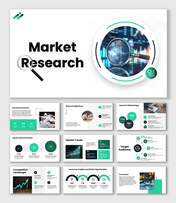 Market Research slides with green theme, magnifying glass image, charts, icons, diagrams, and structured analysis sections.