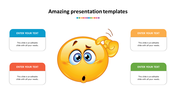 Slide with a thinking emoji in the center and four text boxes in blue, orange, yellow, and green around it.