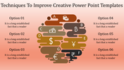 Slide with a layered abstract design in brown tones, featuring currency symbols and options on a pink gradient background.