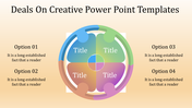 Creative slide with a circular puzzle layout in four vibrant colors, surrounded by labeled options on a beige background.
