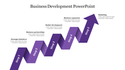 Business Development PowerPoint slide featuring a purple arrow representing steps from strategic initiatives to marketing.