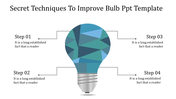 PowerPoint slide featuring a geometric bulb illustration with four labeled steps connected by dotted arrows.