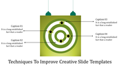 Creative PPT slide showcasing a green target board with captions highlighting key points in a presentation.