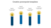 Creative slide with four vertical candles, each lit with a flame and aligned under step numbers and placeholder text.