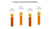 Creative slide with four vertical orange candles, each lit with a flame and aligned under step numbers and placeholder text.