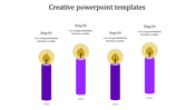 Creative PowerPoint template showing four purple candles, each labeled with steps from one to four with placeholder text.