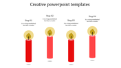 Horizontal layout with four red candles representing process steps, each flame glowing and labeled with a title and text.