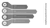 Infographic with four gray arrows representing different concepts, each with a circular icon and a caption beneath.