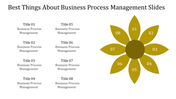 Flower shaped diagram slide with eight petals, each labeled with Title and business process management.