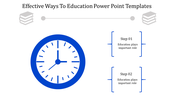Educational PowerPoint template featuring a clock and two steps explaining the importance of education.