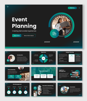 Event Planning PowerPoint showing black teal design, objectives, logistics, icons, shapes and layout sections.