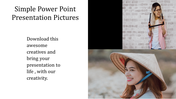 Slide with a woman holding a frame, a smiling woman in a hat, and creative text on a white background.