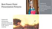 Slide with a smiling woman holding books, a blurred flower field image, paired with captions on a white background.