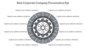 Corporate presentation PowerPoint template featuring a circular gear design with 12 sections, each for adding content.