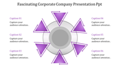 Fascinating corporate company presentation template featuring six purple arrows pointing outward with captions.