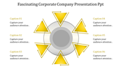 Fascinating corporate company presentation template with six yellow arrows pointing outward with captions.