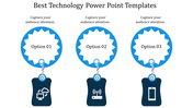 Slide layout with three options displayed in blue circular elements linked to tags representing technology-related symbols.