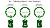 Horizontal layout featuring three jagged green circles labeled with options and connected to technology icons below.