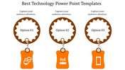 Options layout featuring circular badges with orange tags below, illustrating cloud, connectivity, and mobile technology.