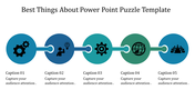 Puzzle style PowerPoint template with icons for gears, innovation, and teamwork in a timeline layout with captions.