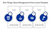 Management slide design with icons for communication, brainstorming, analysis, and innovation in numbered blue circles.