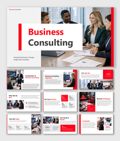 Business consulting presentation slides with strategy services analysis client results and corporate growth insight data.