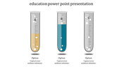 Three test tubes labeled A, B, and C, partially filled with yellow and blue liquid, on a white backdrop with captions below.