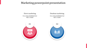 Two-part infographic in red and blue representing direct and database marketing, each highlighted with captions and icons.