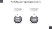 Horizontal layout with two gray circles, each containing icons and labels, representing marketing strategies.