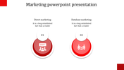 Red themed marketing slide with two categories, each highlighted with icons, captions, and numbered labels 01 and 02.