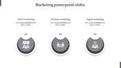 Three gray circular shapes with icons, aligned horizontally, depicting marketing methods on a white background.