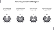 Marketing PPT slide with four sections Direct, Database, Digital, and Multilevel marketing, displayed with gray icons.