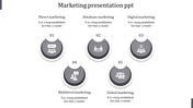 Marketing slide featuring five categories, each represented by gray icons, captions, and numbered labels 01 to 05.