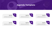 Agenda template with six labeled sections, each numbered with bold purple tags and text descriptions.